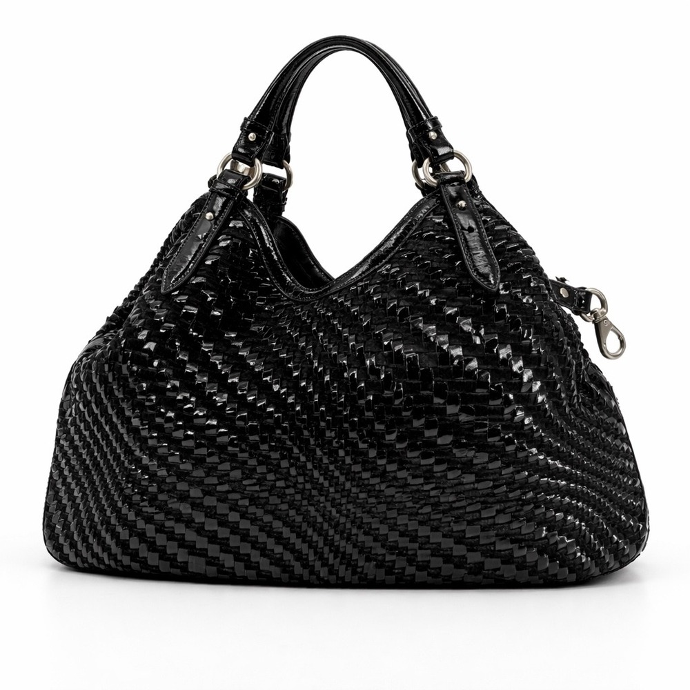 Cole Haan Genevieve Triangle Tote - Black Woven Patent Leather - Excellent Cond.